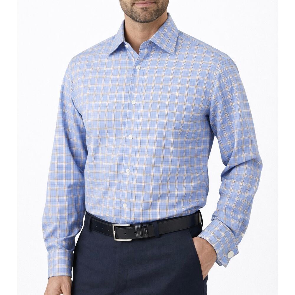 Robert Talbott Blue Plaid Dress Shirt French Cuffs Size XL (17/34)
